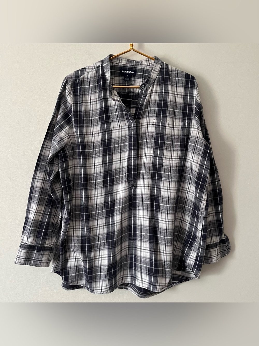 Lands' End Navy, Gray, White 100% Cotton Plaid Popover Flannel Shirt Relaxed XL